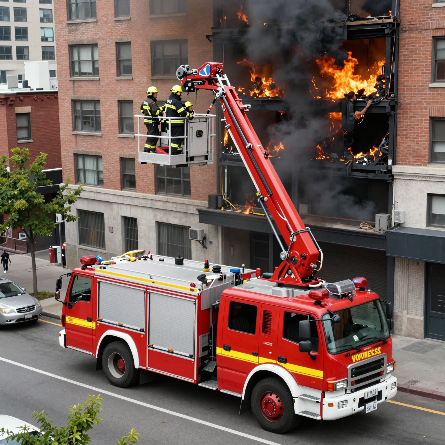 Luchtbrug brandweerwagон in actie