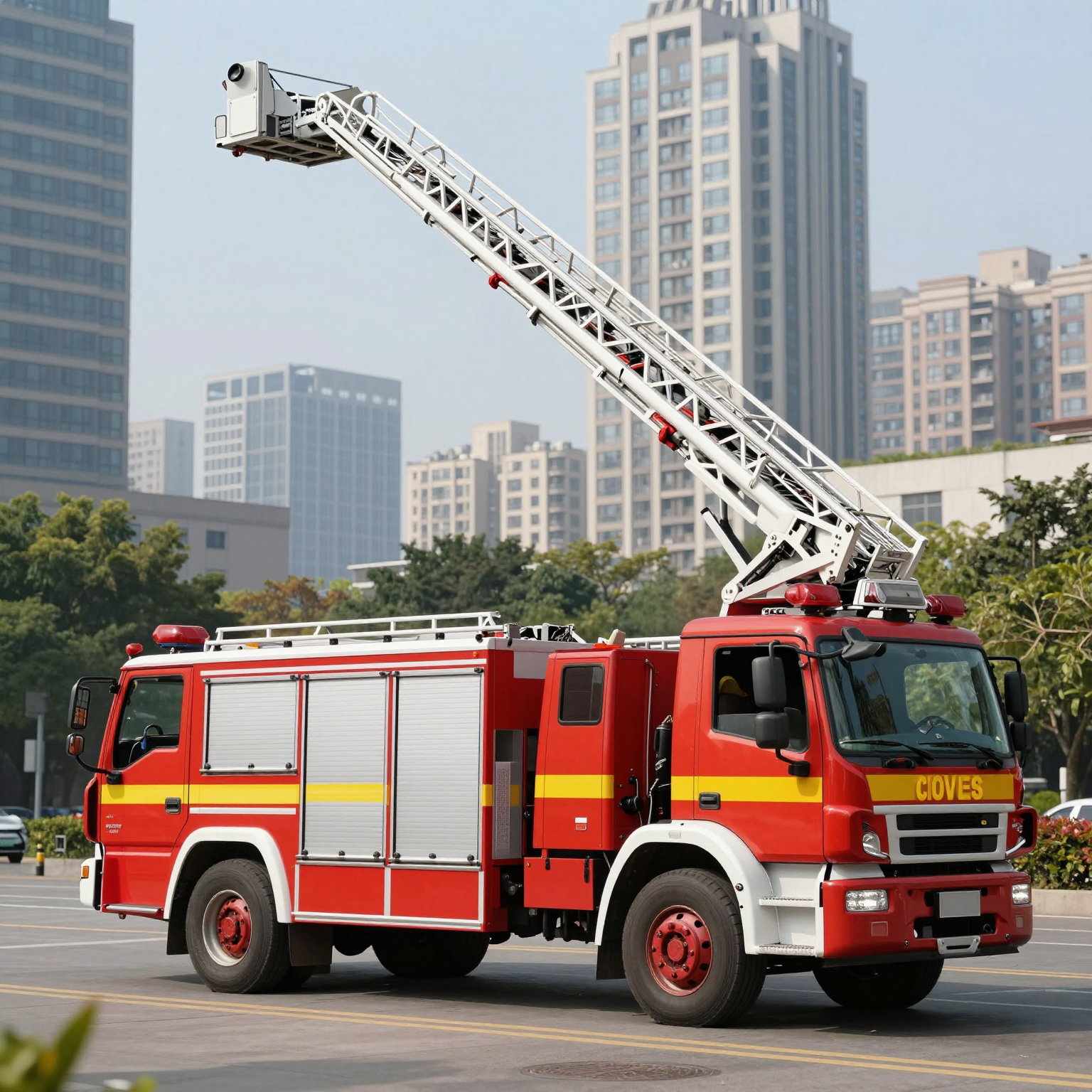 A modern fire ladder truck in an urban setting, demonstrating its significant height and advanced features.