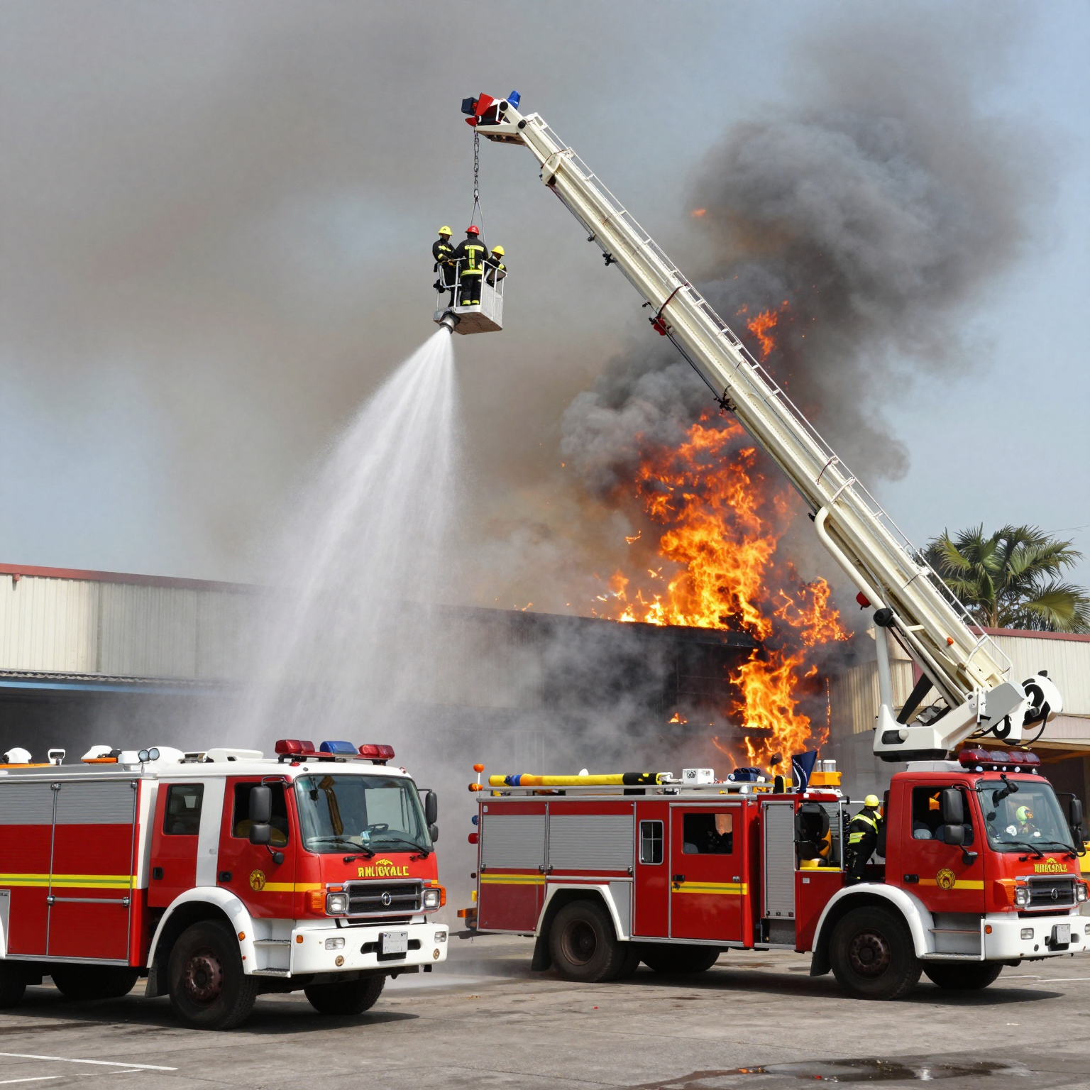 Aerial fire trucks in action