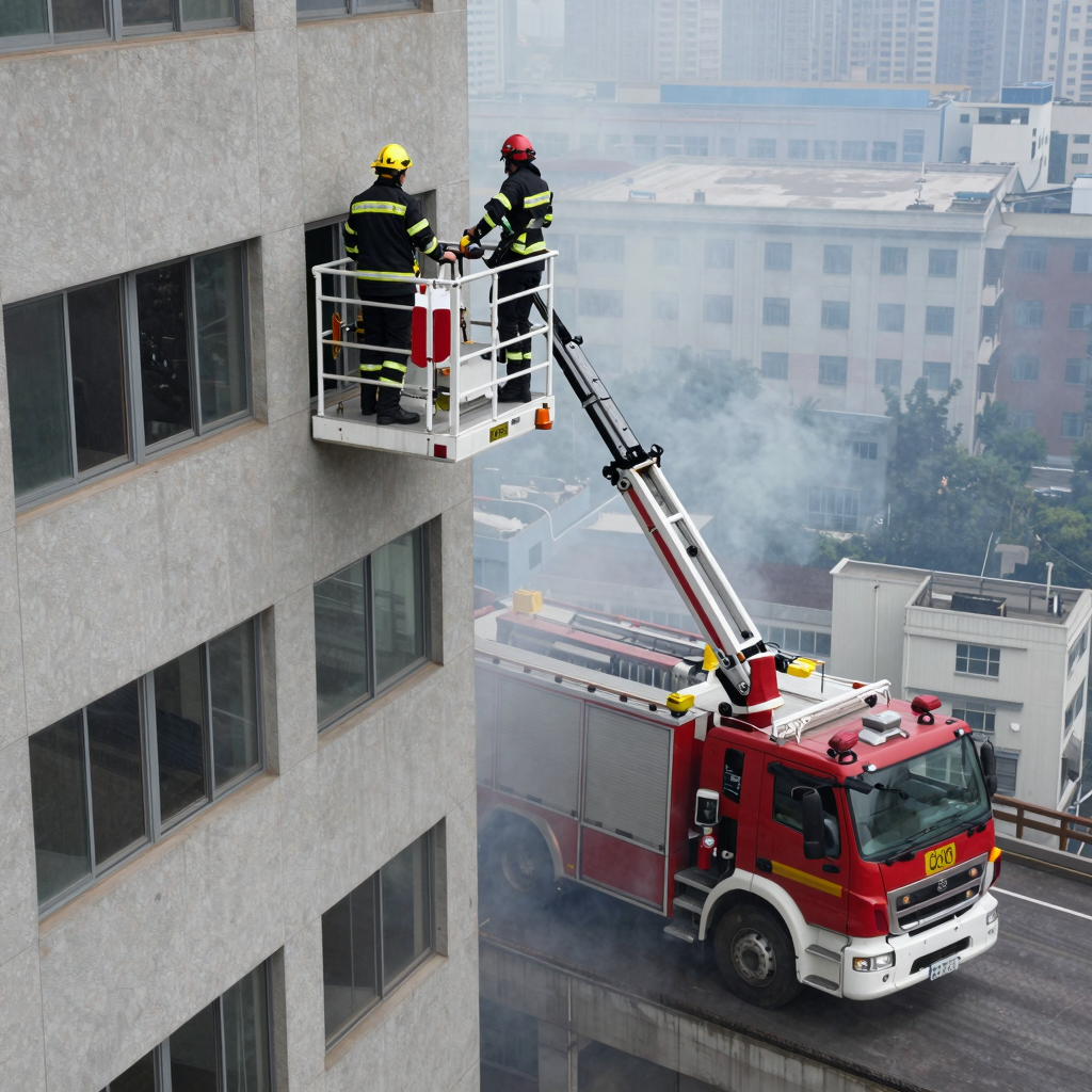 Camión bombero con plataforma aérea en acción