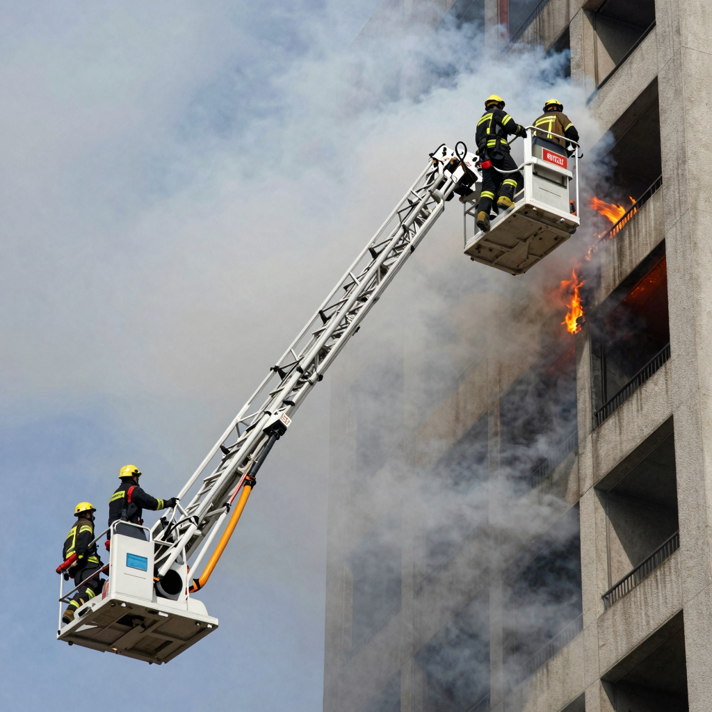 Camión de Bomberos con Plataforma Aérea en Acción