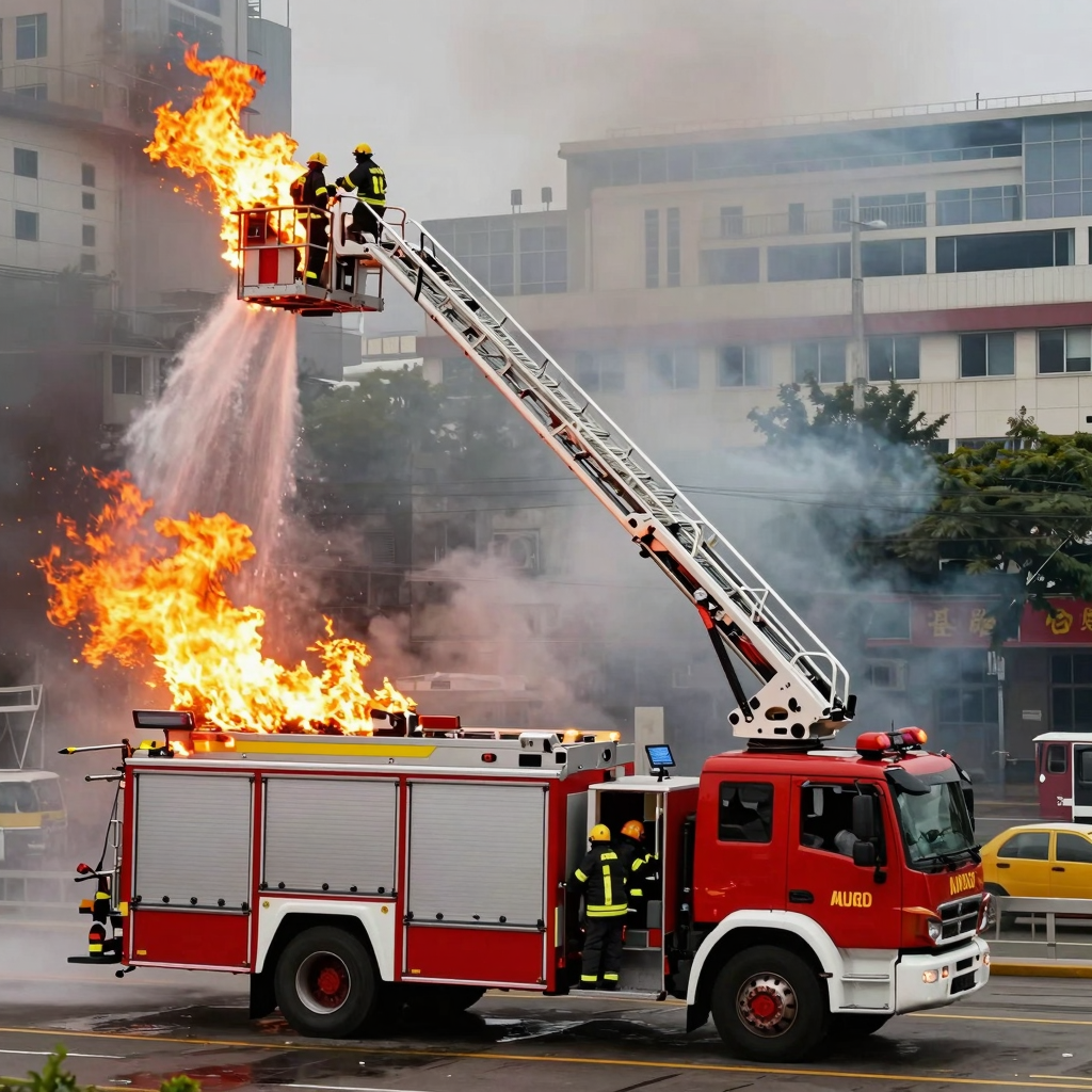 Camión de bomberos con plataforma aérea utilizado en escenarios de incendios