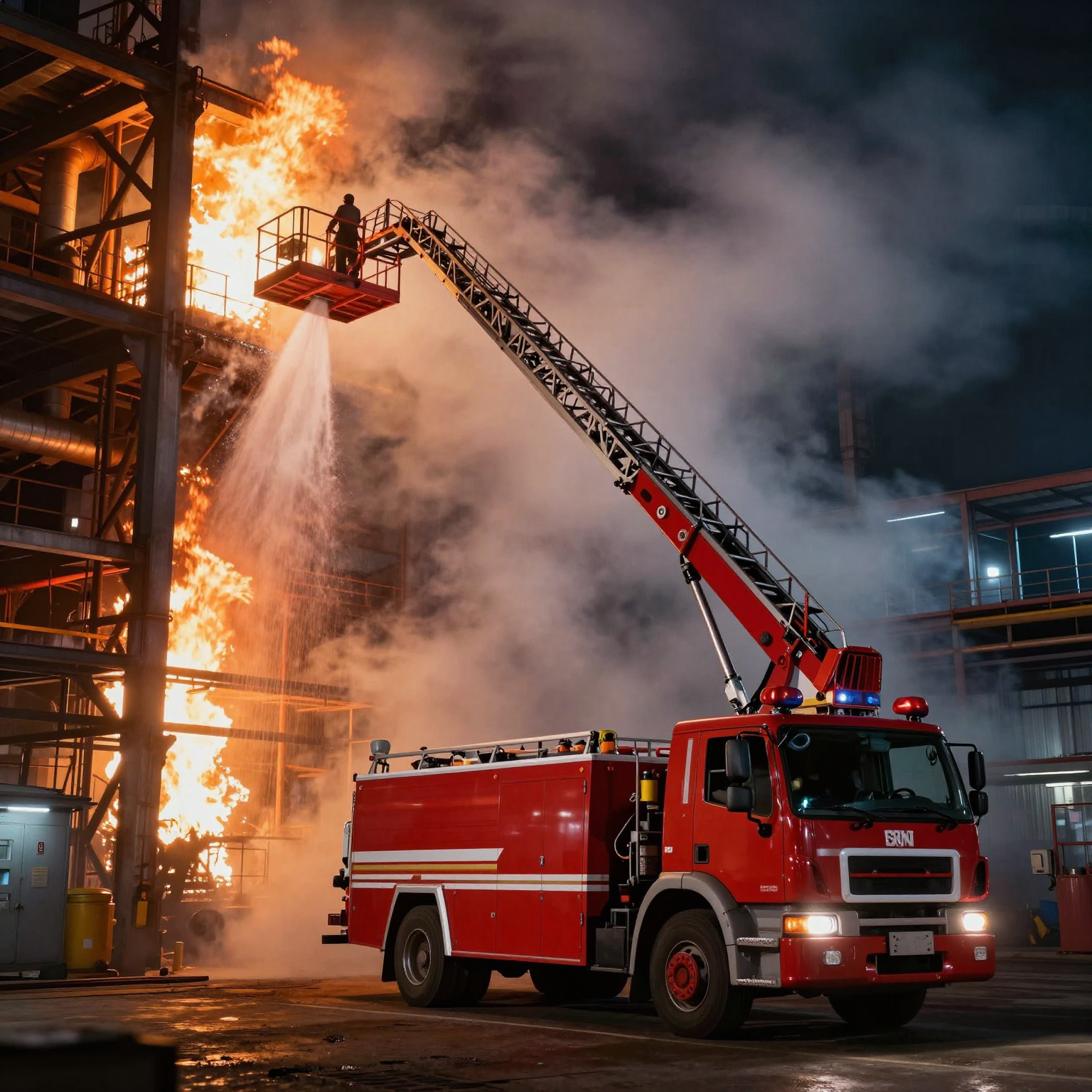 Modern aerial platform fire truck responding to an industrial fire at night