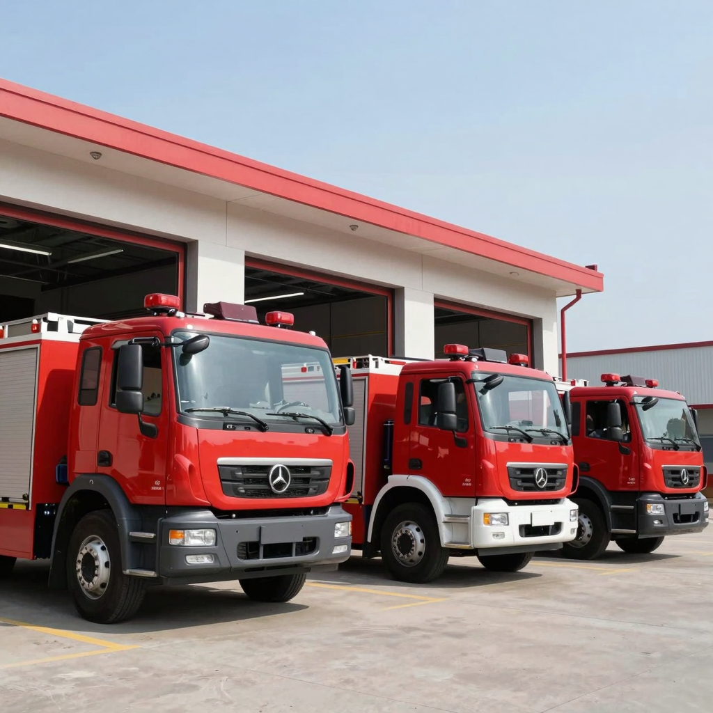 Modern red ladder trucks parked at a fire station bay, showing fleet scale and readiness