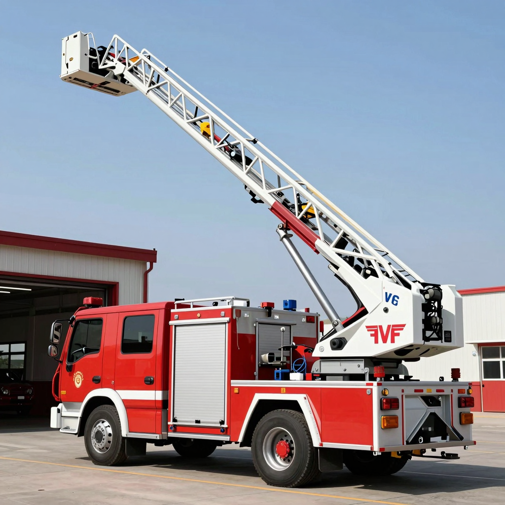Modern ladder fire truck with extended aerial ladder