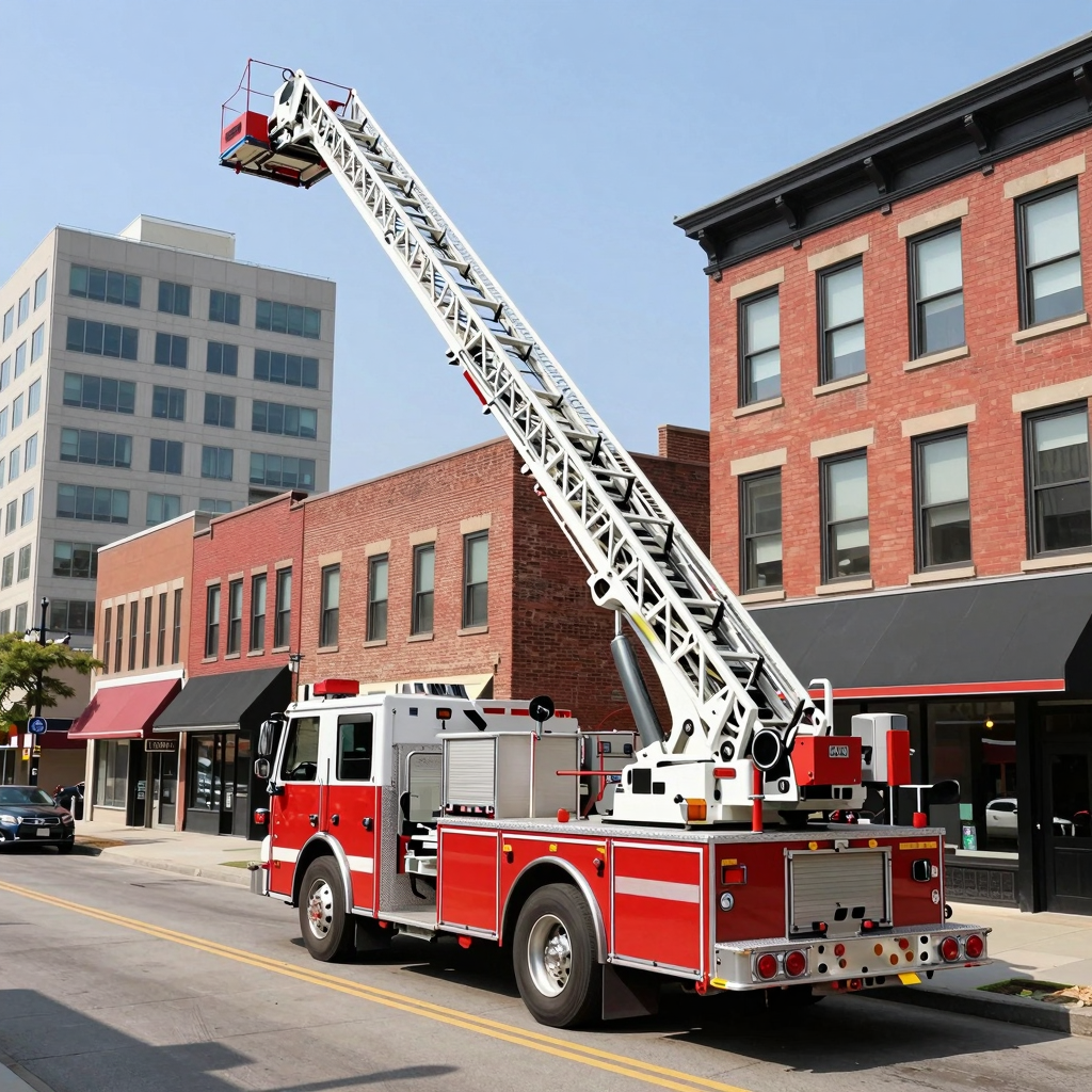 Modern aerial ladder truck responding in a downtown business district