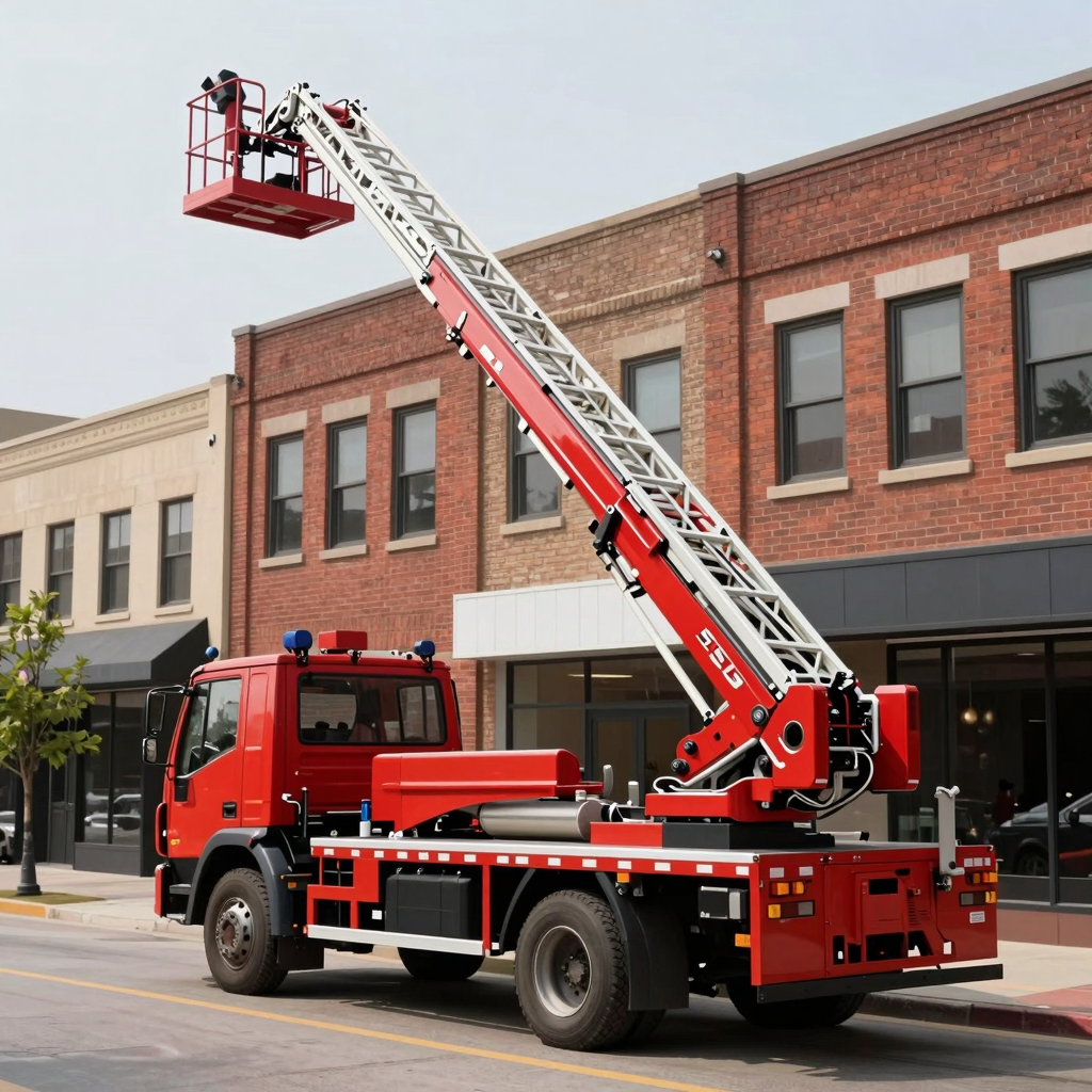 Modern red aerial ladder truck extending above a downtown commercial street with brick buildings, demonstrating the height and reach needed for urban fire response