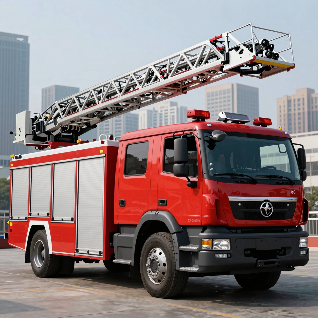 Zoomlion fire truck with aerial ladder in front of a modern city skyline