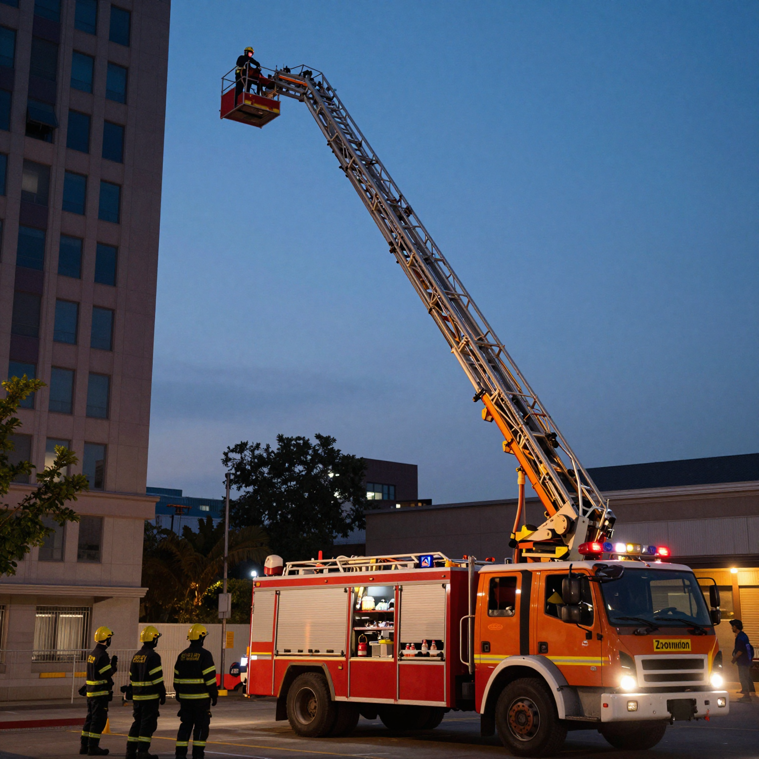 Zoomlion aerial ladder truck extended at a fire scene at twilight, demonstrating reach and readiness
