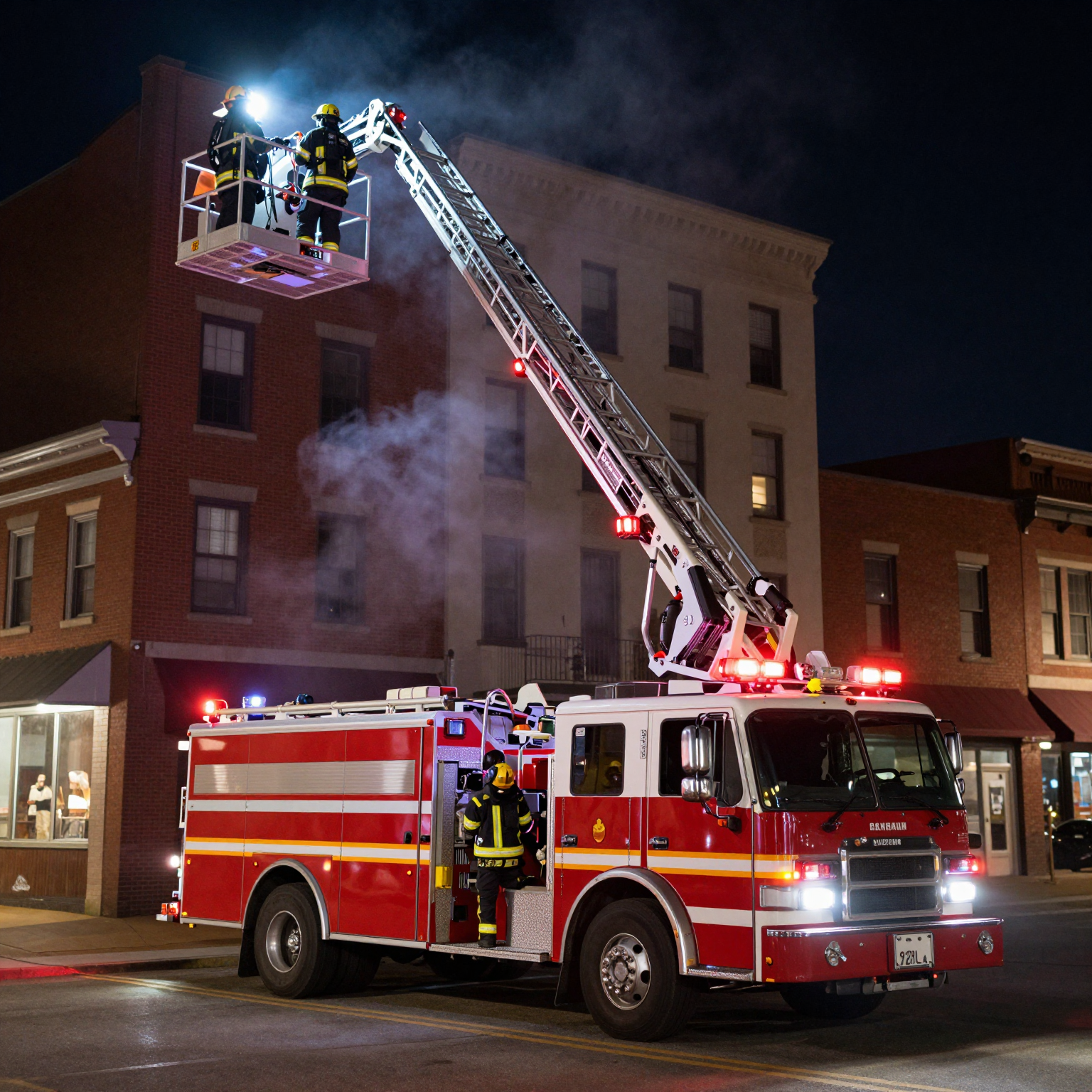 Lexington Fire Department ladder truck with aerial platform extended during a nighttime emergency response in downtown Lexington, NC