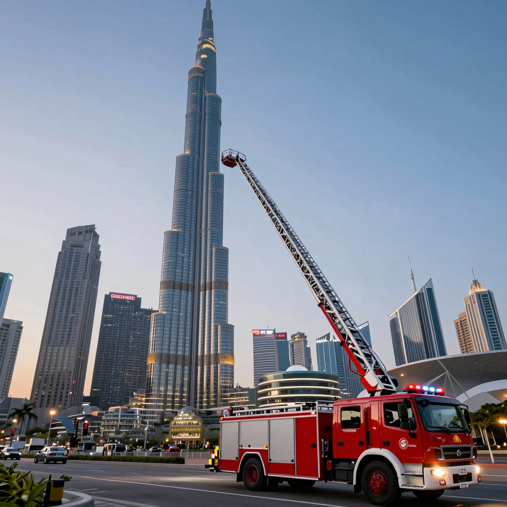 Urban skyline at twilight with a towering fire truck ladder extending toward a skyscraper