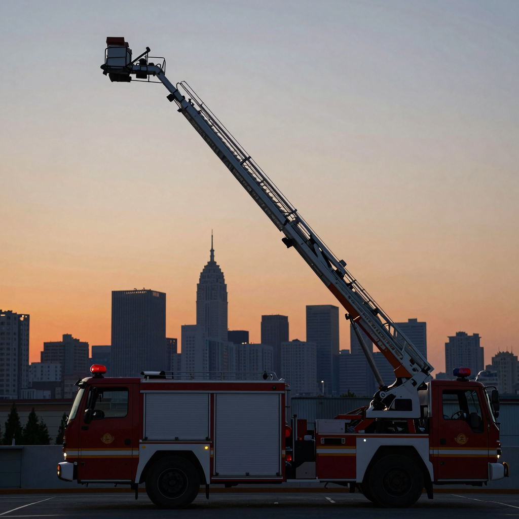 Modern city skyline at dusk with a fire truck in the foreground