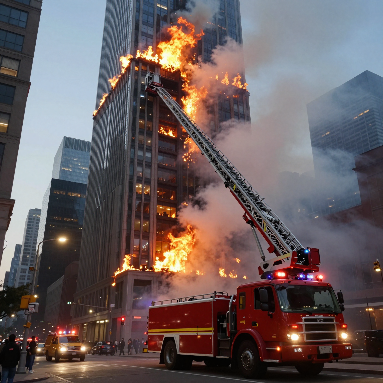 Fire truck with world's tallest ladder reaching toward a burning skyscraper