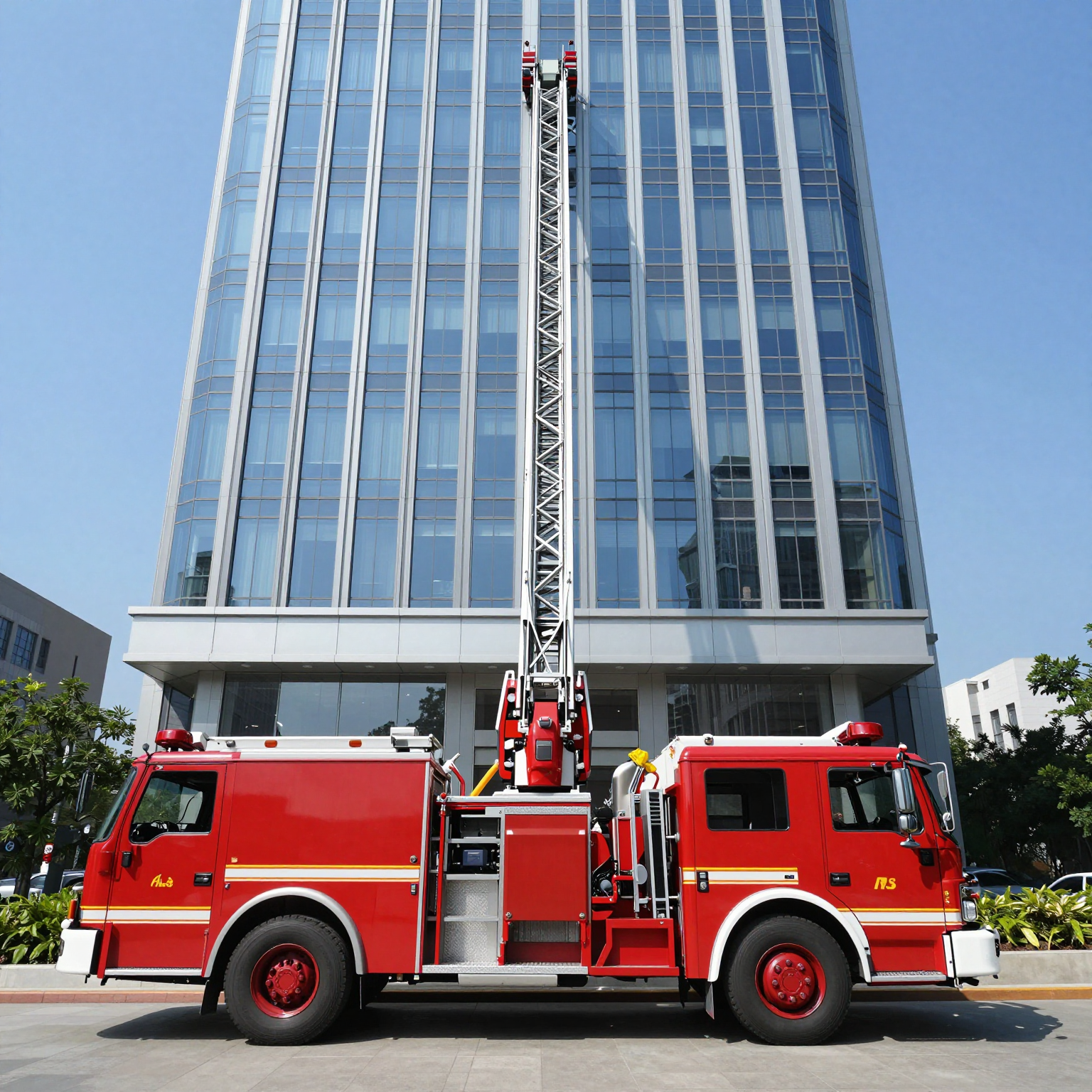 Fire truck with extended ladder reaching toward a skyscraper