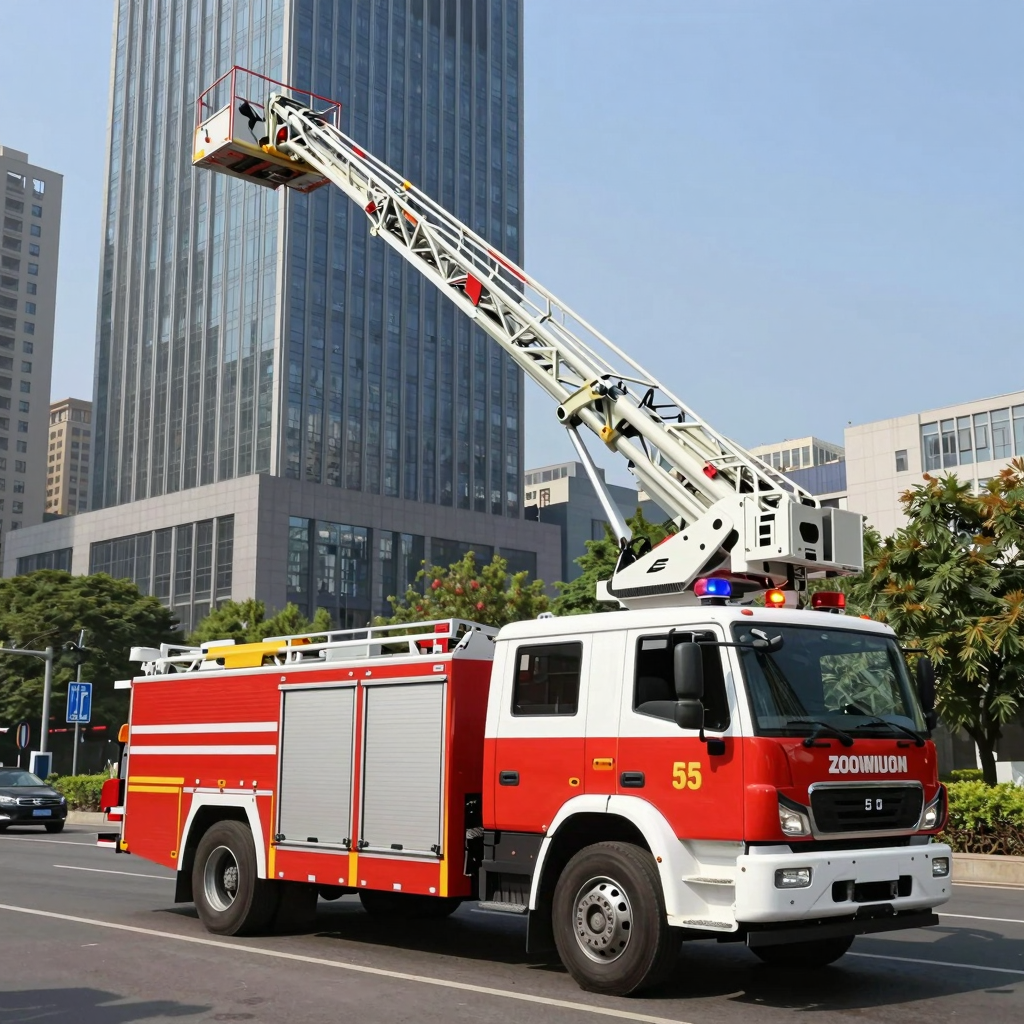 Zoomlion 55-Meter Aerial Platform Fire Truck with extended ladder reaching toward a skyscraper