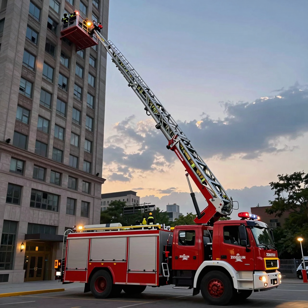 Zoomlion 91-meter world's tallest fire truck ladder in action at a high-rise fire scene