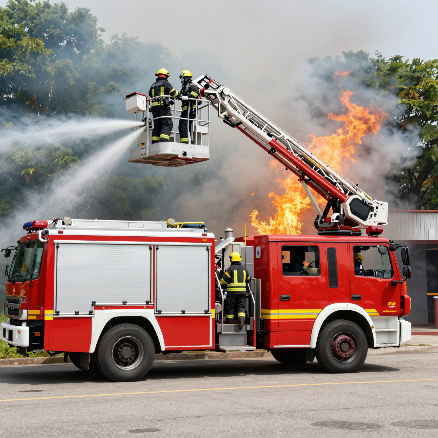 Used Aerial Platform Fire Truck in Action