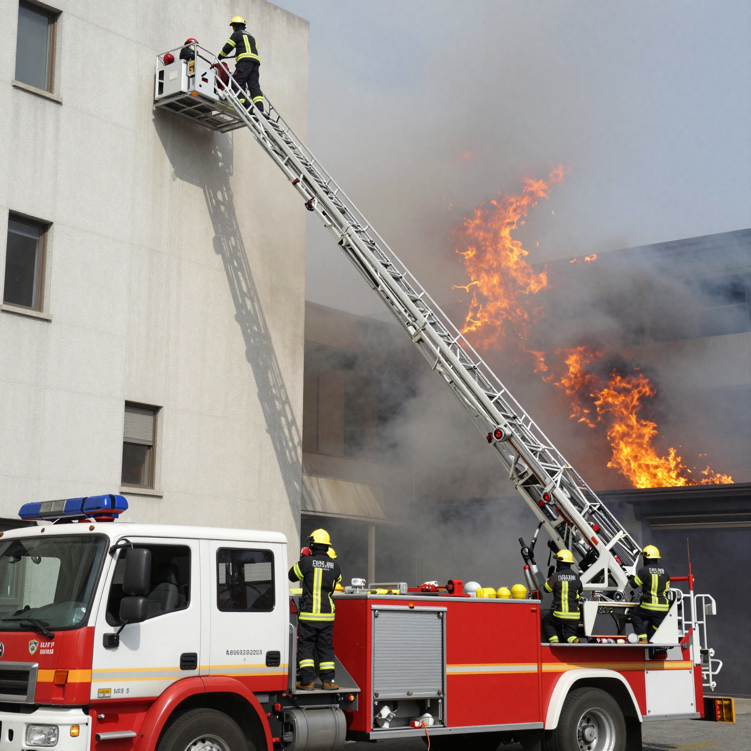 Fire department ladder truck in action during an emergency situation