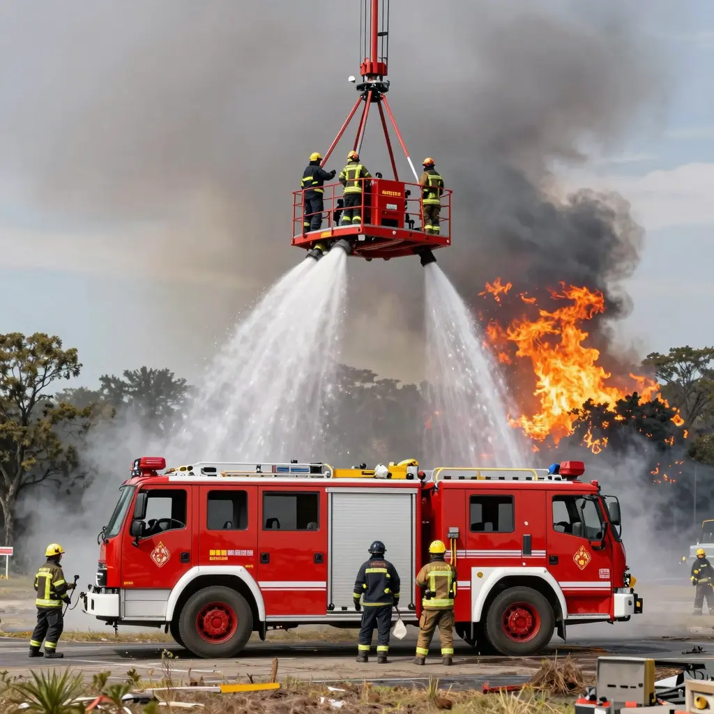 Aerial fire truck in action, demonstrating reliability and effectiveness during a wildfire, firefighters coordinating efforts dropping water on flames.
