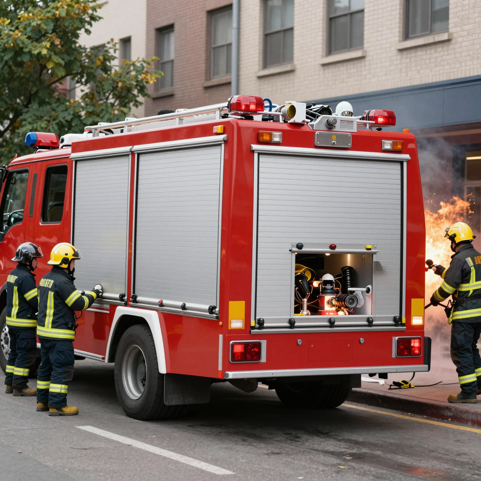 Fire truck with rear steering in urban setting