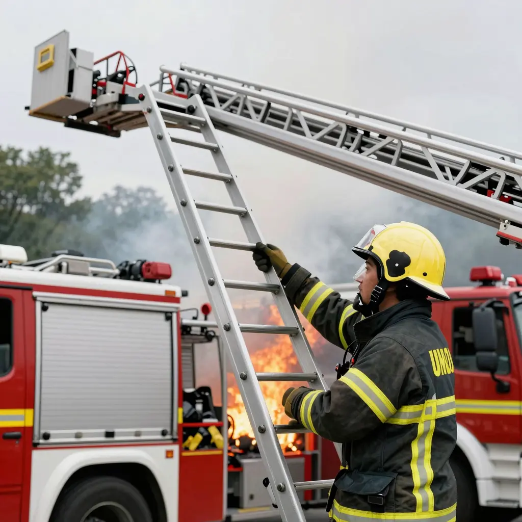 Firefighter beside an extended ladder