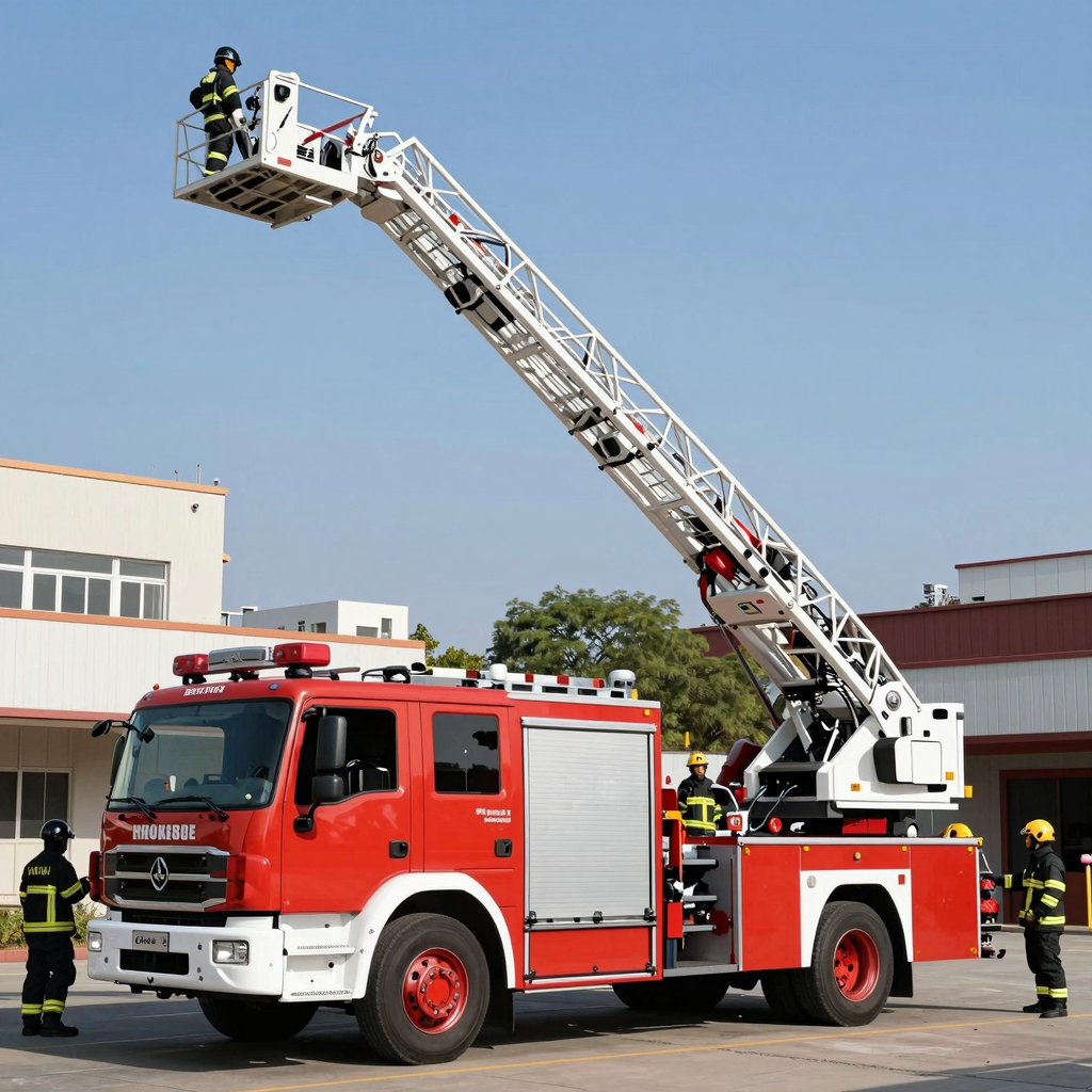 Modern fire truck with a high aerial ladder in action