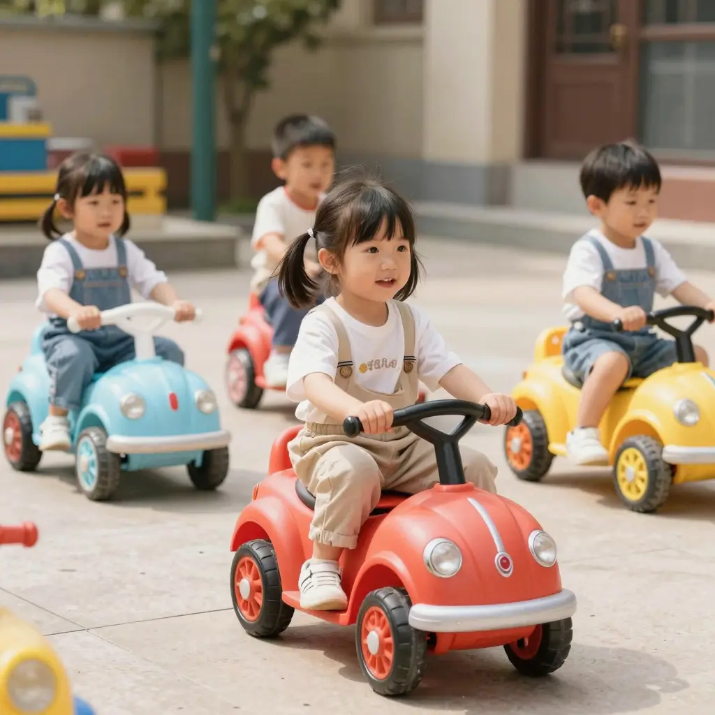 Colorful scene with children playing with ride-on toys