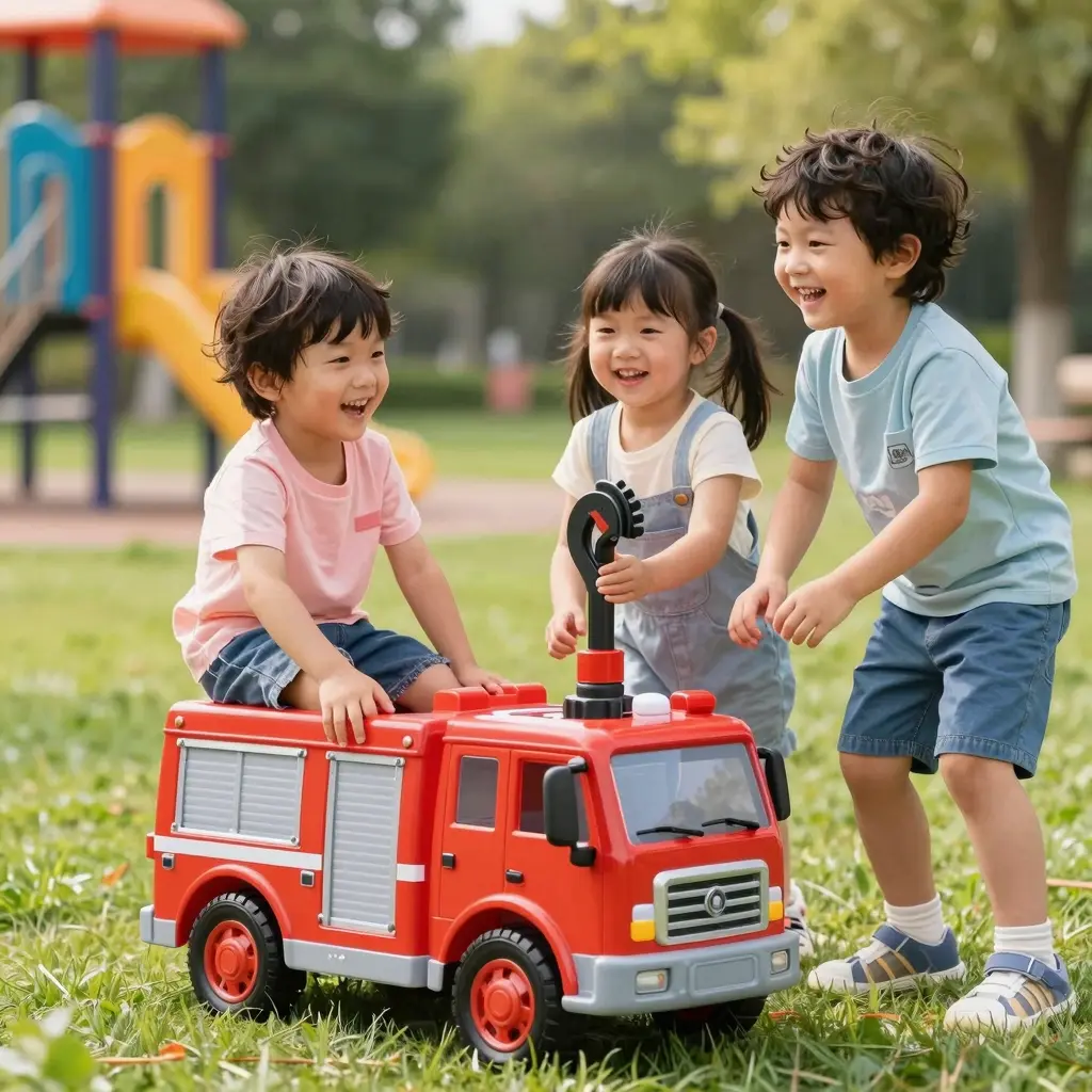 Children Playing with Hook and Ladder Fire Truck Ride-On Toy