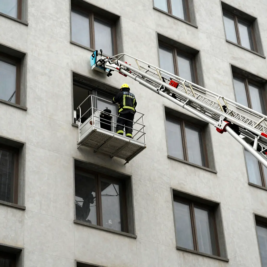 Firefighter using a ladder truck during a rescue