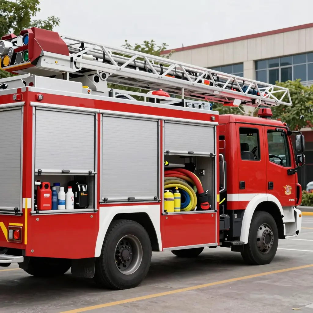 A customized platform fire truck in action with various firefighting accessories.