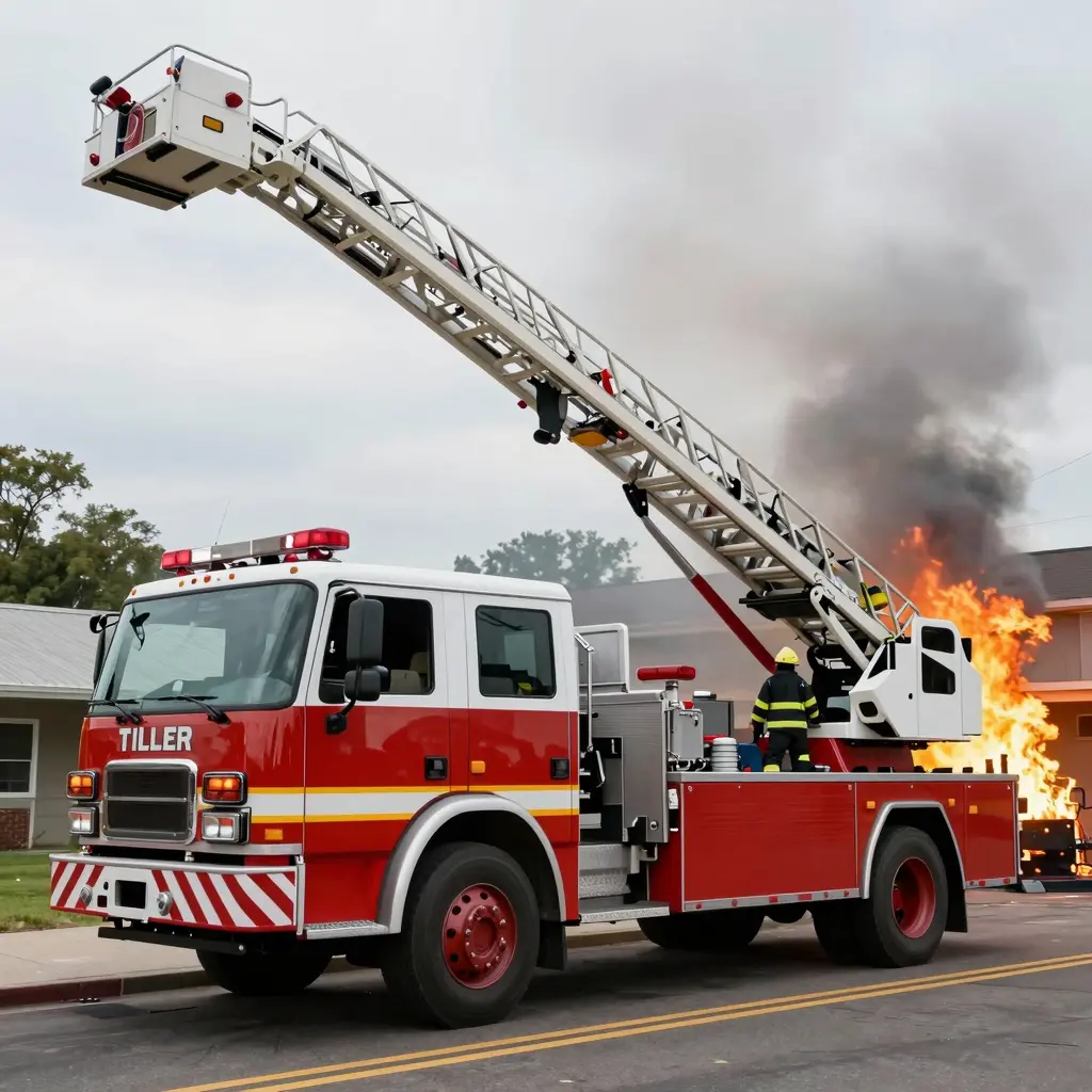 Tiller Fire Ladder Truck in Action