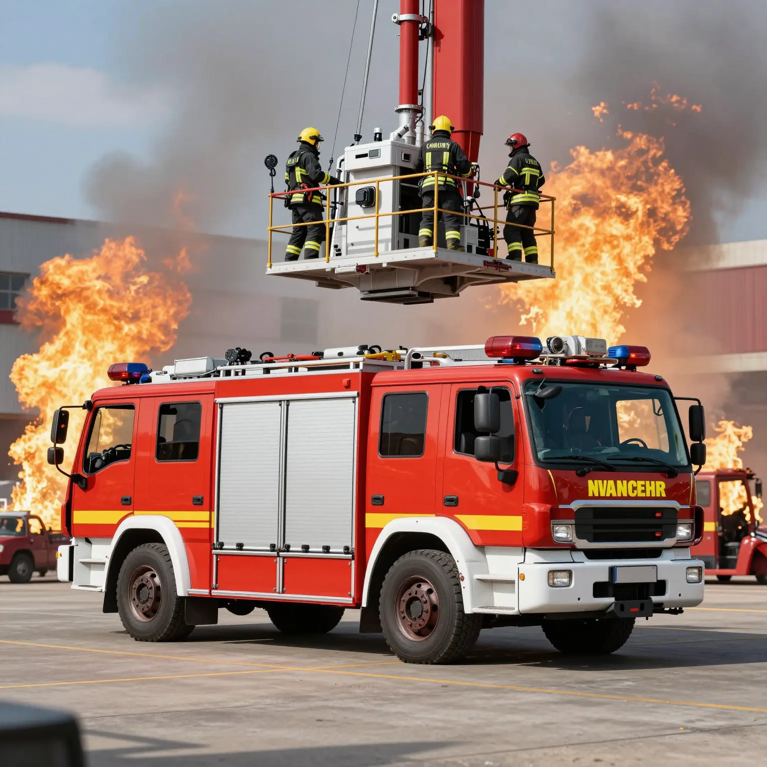 Aerial fire trucks in action at a fire scene