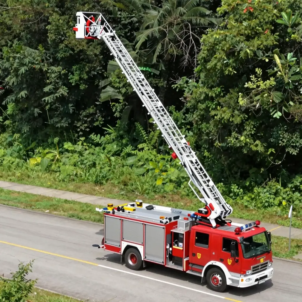 Aerial ladder fire truck in action, showcasing the world's longest ladder being deployed during a firefighting operation.