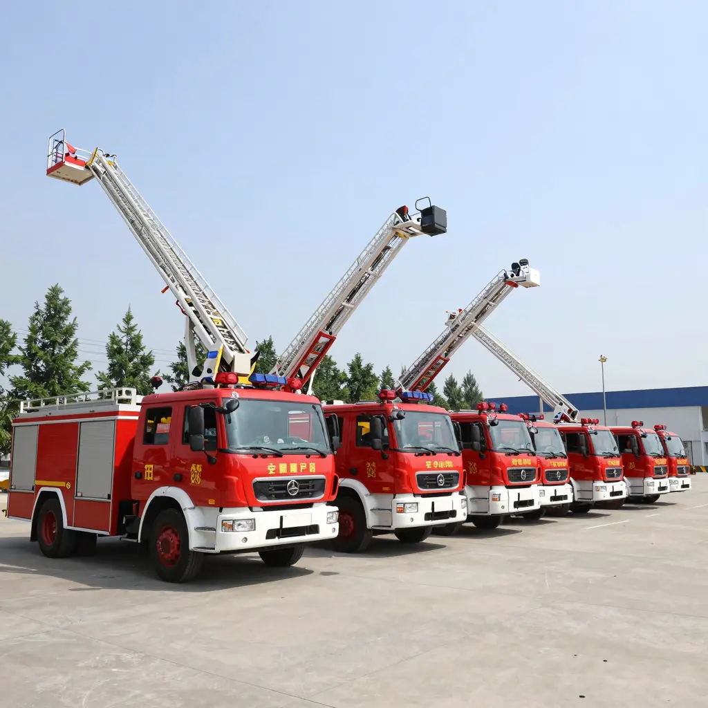 Various models of aerial ladder fire trucks lined up, demonstrating their design and capabilities.