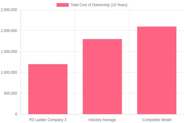 Bar chart comparing 10-year total cost of ownership: FD Ladder Company 3 at $1.2M vs Industry Average at $1.8M and Competitor Model at $2.1M