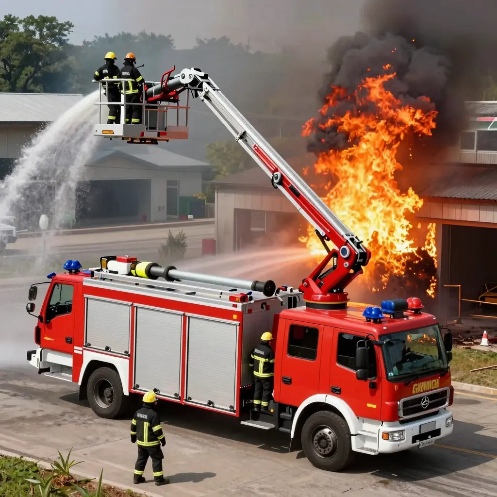 Aerial platform fire trucks in action