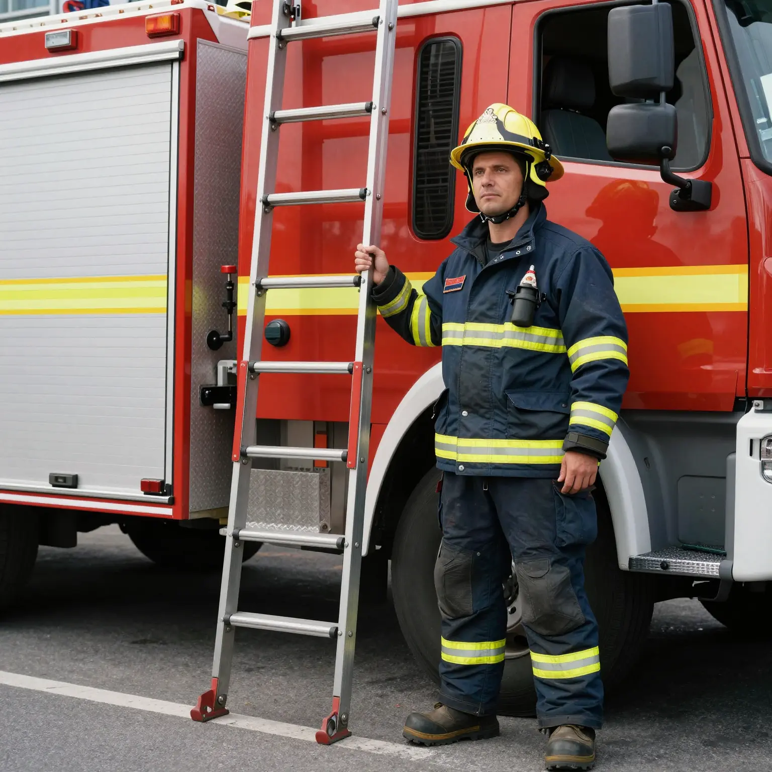 Fire Chief Next to a Tiller Ladder Truck