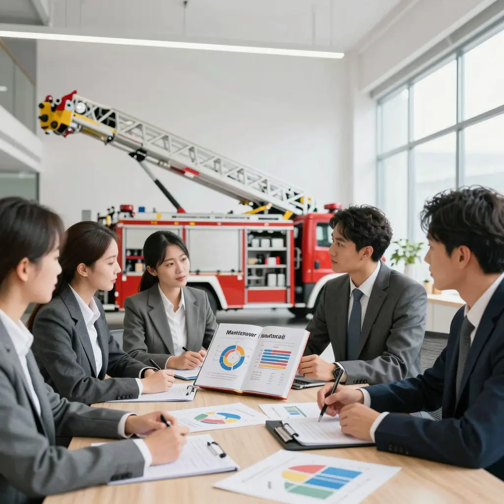 Business meeting discussing fire truck ladders
