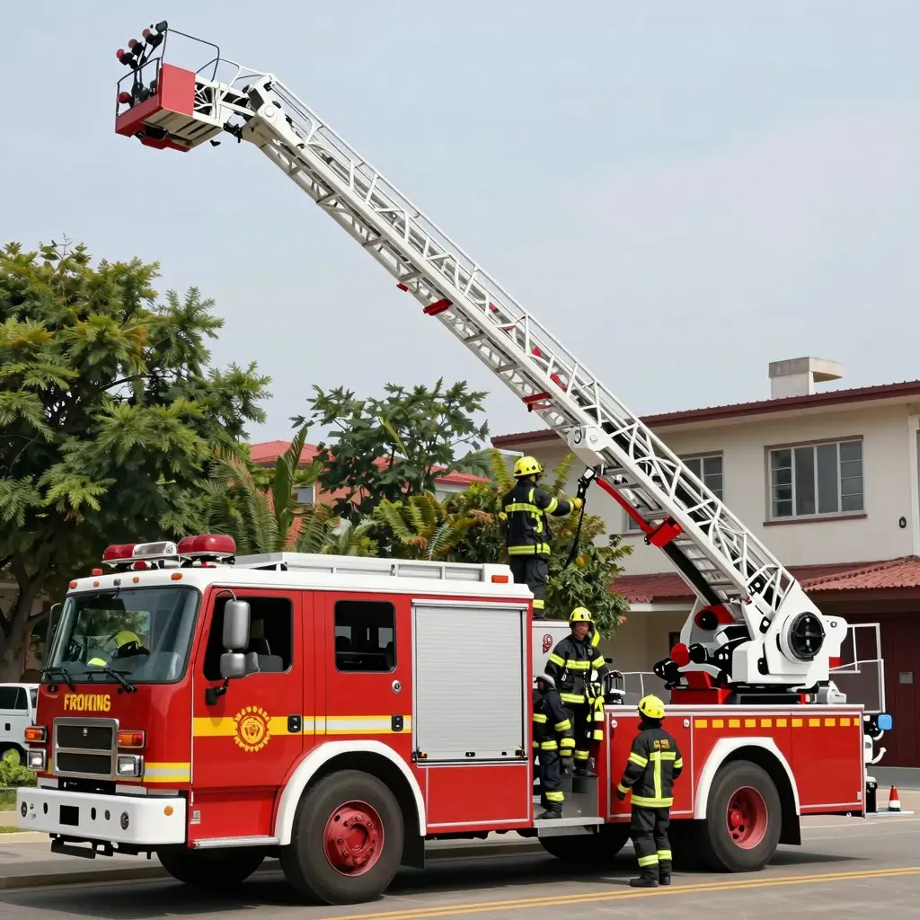 A fire truck ladder in action during an emergency response scenario in an urban area