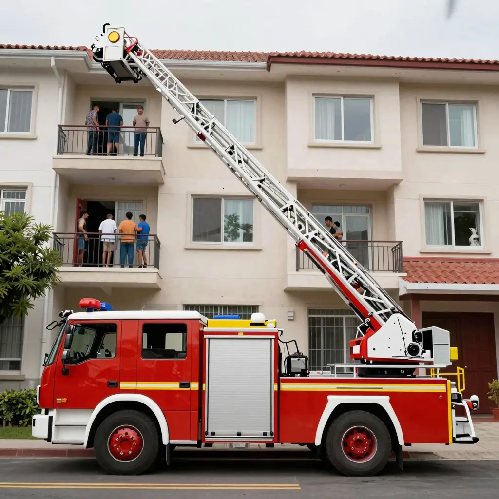 A fire truck ladder in action rescuing people from a residential building during a fire