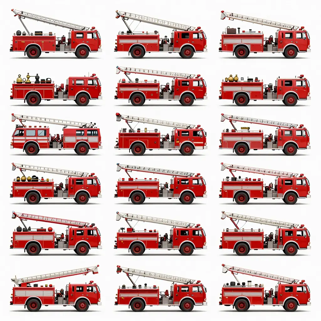 A collage showing the evolution of ladder fire trucks